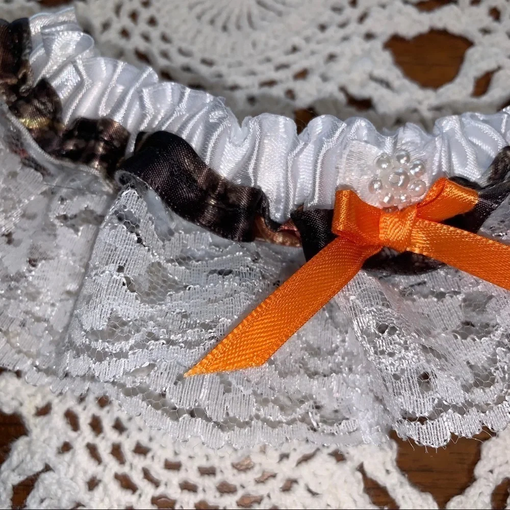 White Lace & Camo Garter w/ Orange Bow